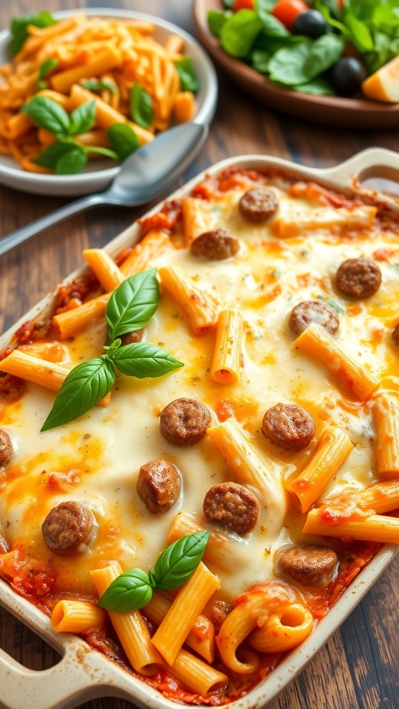 A bubbling Italian sausage and pasta casserole topped with melted cheese and fresh basil, served in a rustic dish.